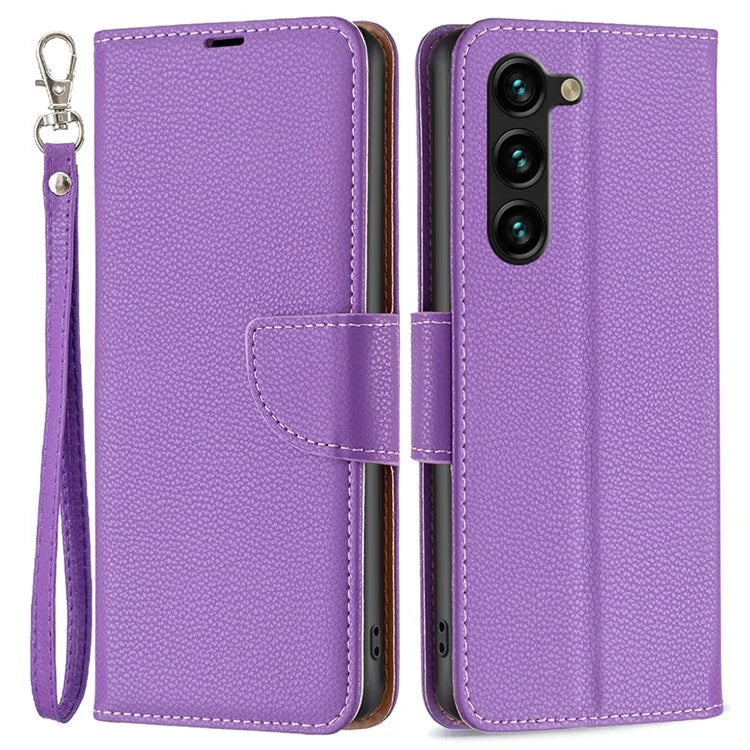 For Samsung Galaxy S24+ Case Stand PU Leather Cell Phone Cover Litchi Texture Shell