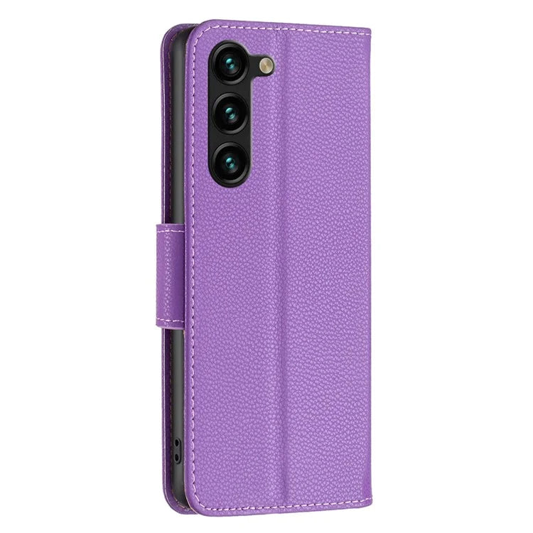 For Samsung Galaxy S24+ Case Stand PU Leather Cell Phone Cover Litchi Texture Shell