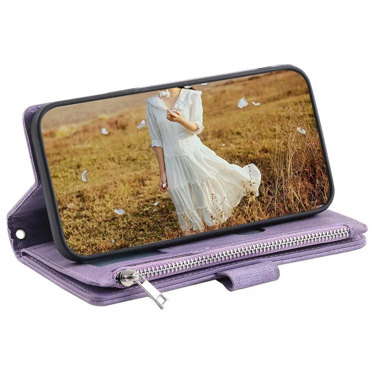 For Samsung Galaxy S24 Case Zipper Pocket Phone Leather Cover with Strap