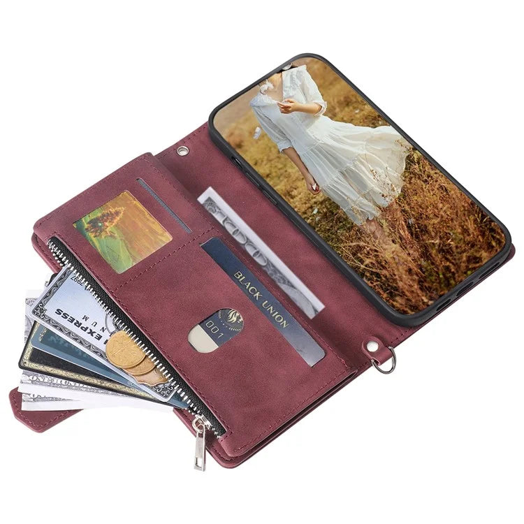 For Samsung Galaxy S24 Case Zipper Pocket Phone Leather Cover with Strap