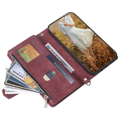 For Samsung Galaxy S24 Case Zipper Pocket Phone Leather Cover with Strap