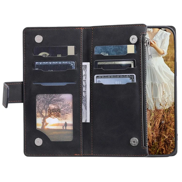 For Samsung Galaxy S24 Case Zipper Pocket Phone Leather Cover with Strap