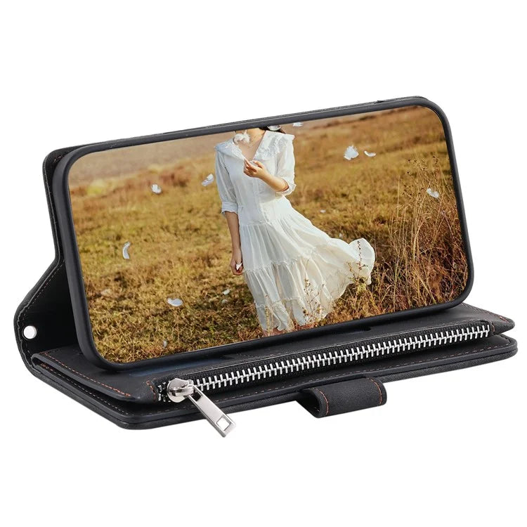 For Samsung Galaxy S24 Case Zipper Pocket Phone Leather Cover with Strap