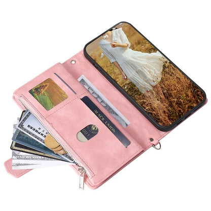For Samsung Galaxy S24 Case Zipper Pocket Phone Leather Cover with Strap