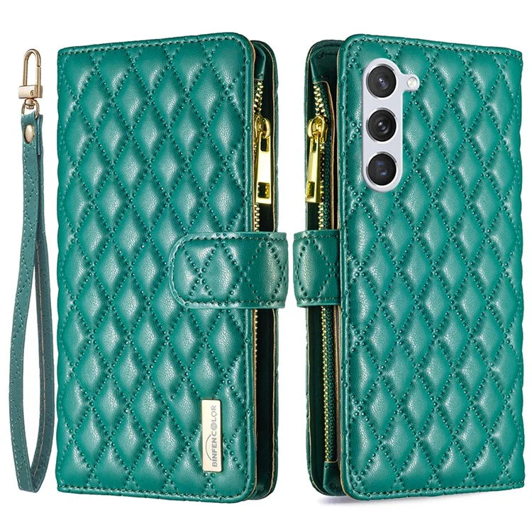 BINFEN COLOR BF Style-15 For Samsung Galaxy S24 Leather Case Zipper Pocket Wallet Phone Cover