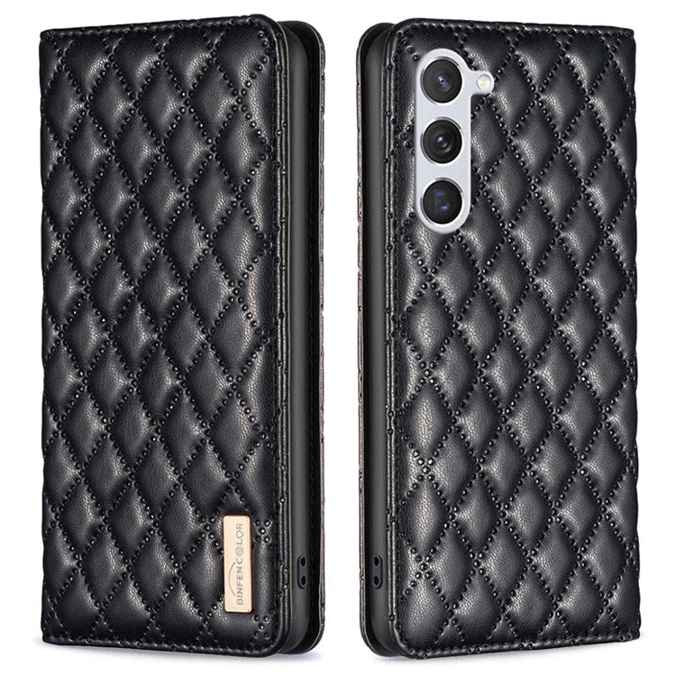 BINFEN COLOR BF Style-16 For Samsung Galaxy S24 Case PU Leather Rhombus Design Phone Cover