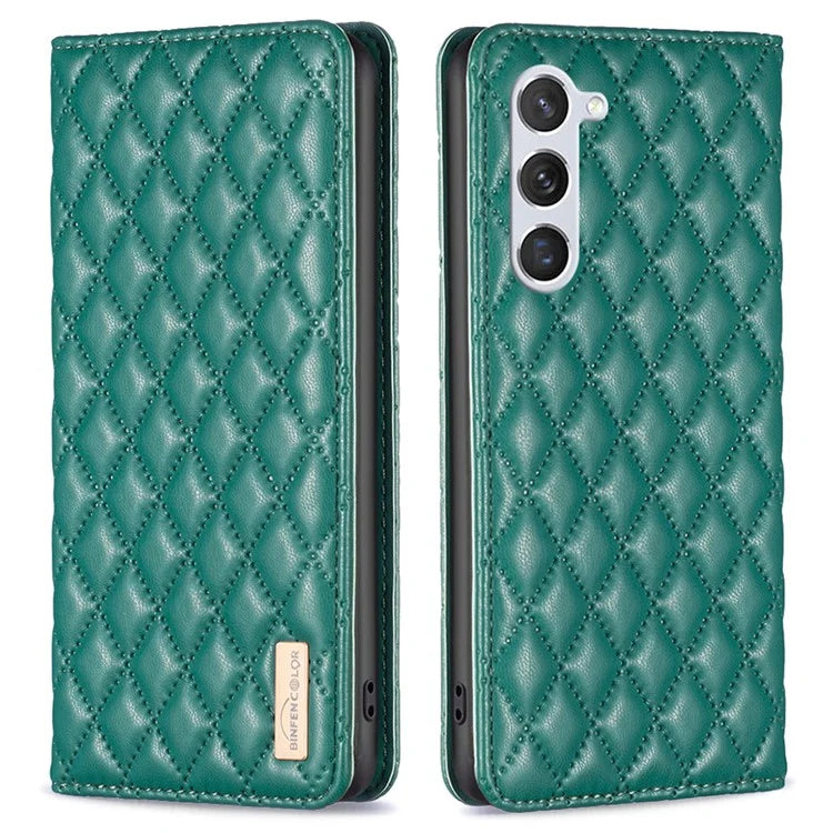 BINFEN COLOR BF Style-16 For Samsung Galaxy S24 Case PU Leather Rhombus Design Phone Cover