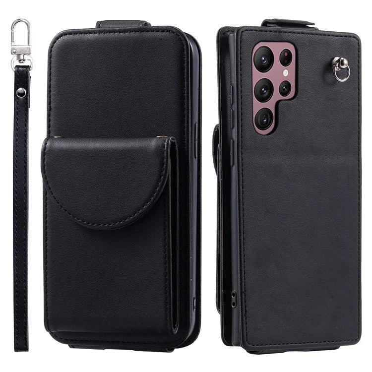 For Samsung Galaxy S22 Ultra 5G Case Vertical Flip PU Leather+TPU Phone Cover with Wrist Strap