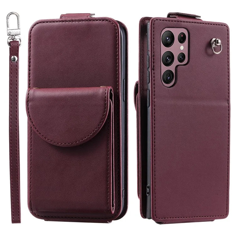 For Samsung Galaxy S22 Ultra 5G Case Vertical Flip PU Leather+TPU Phone Cover with Wrist Strap