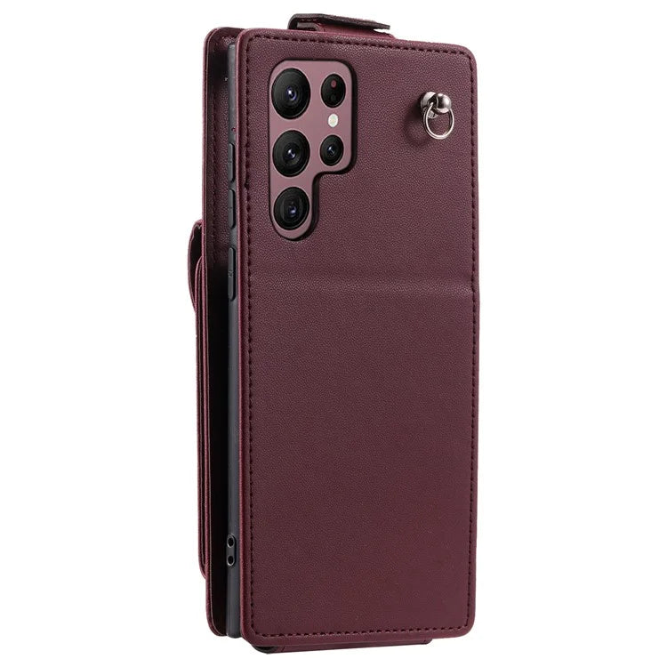 For Samsung Galaxy S22 Ultra 5G Case Vertical Flip PU Leather+TPU Phone Cover with Wrist Strap