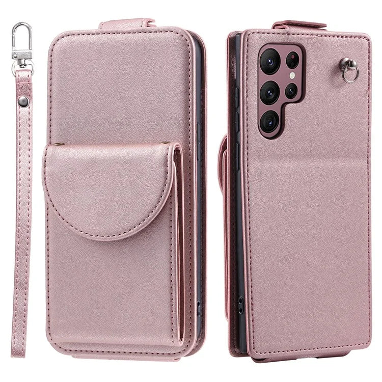For Samsung Galaxy S22 Ultra 5G Case Vertical Flip PU Leather+TPU Phone Cover with Wrist Strap