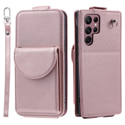 For Samsung Galaxy S22 Ultra 5G Case Vertical Flip PU Leather+TPU Phone Cover with Wrist Strap