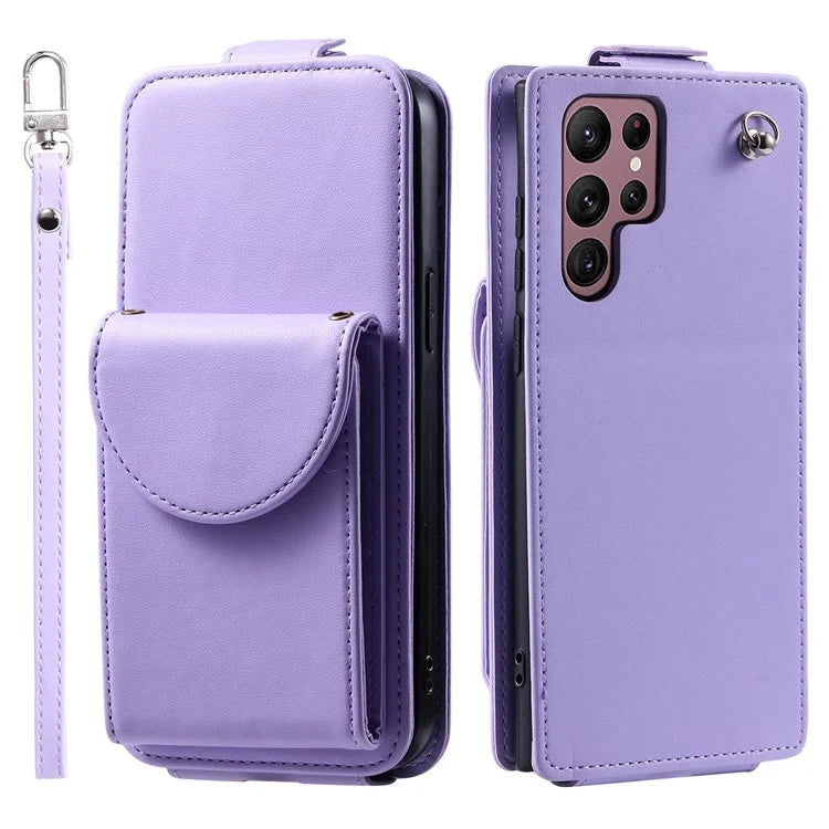 For Samsung Galaxy S22 Ultra 5G Case Vertical Flip PU Leather+TPU Phone Cover with Wrist Strap