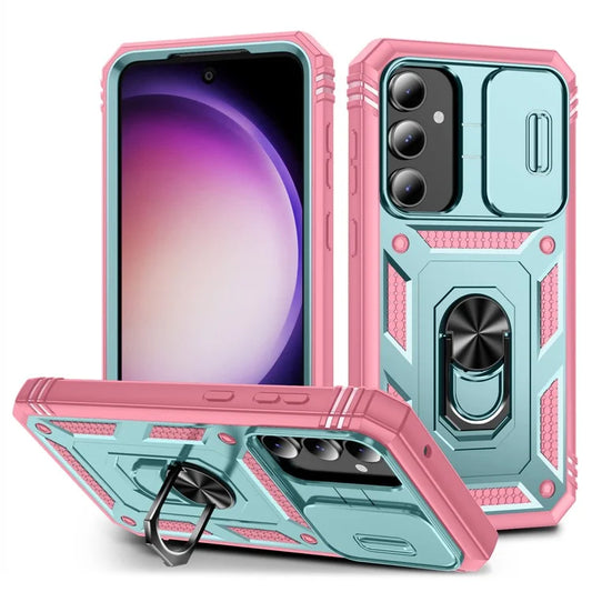For Samsung Galaxy A34 5G Case PC+TPU Card Holder Phone Shell with Sliding Camera Cover+Pink