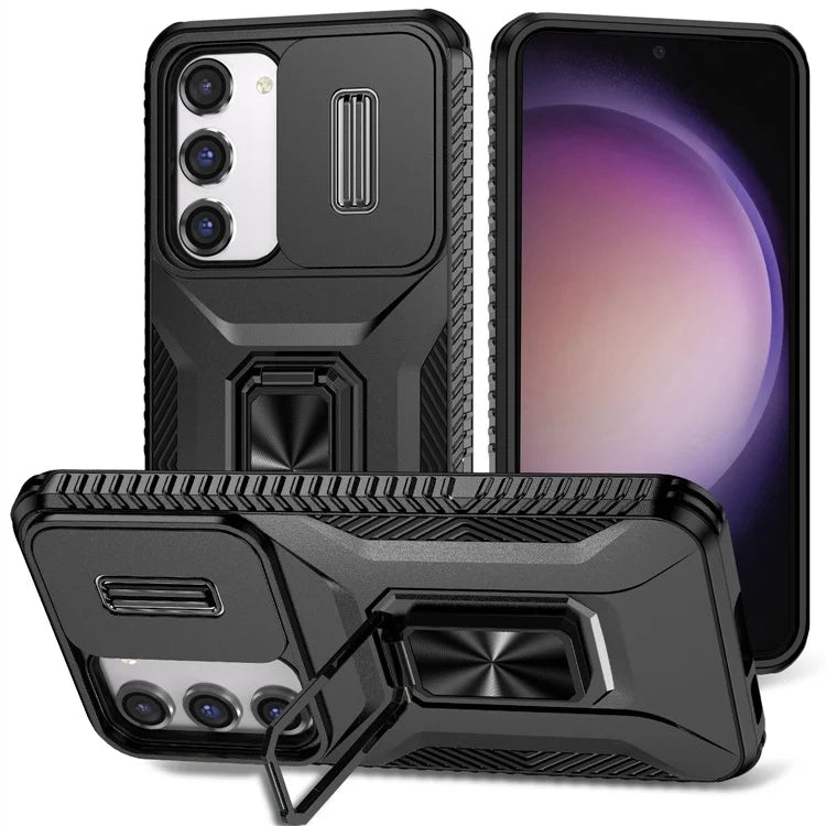 For Samsung Galaxy S23 Case Slide Lens Lid PC+TPU Phone Kickstand Cover