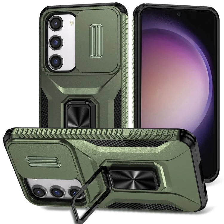 For Samsung Galaxy S23 Case Slide Lens Lid PC+TPU Phone Kickstand Cover