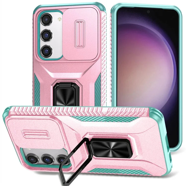 For Samsung Galaxy S23 Case Slide Lens Lid PC+TPU Phone Kickstand Cover