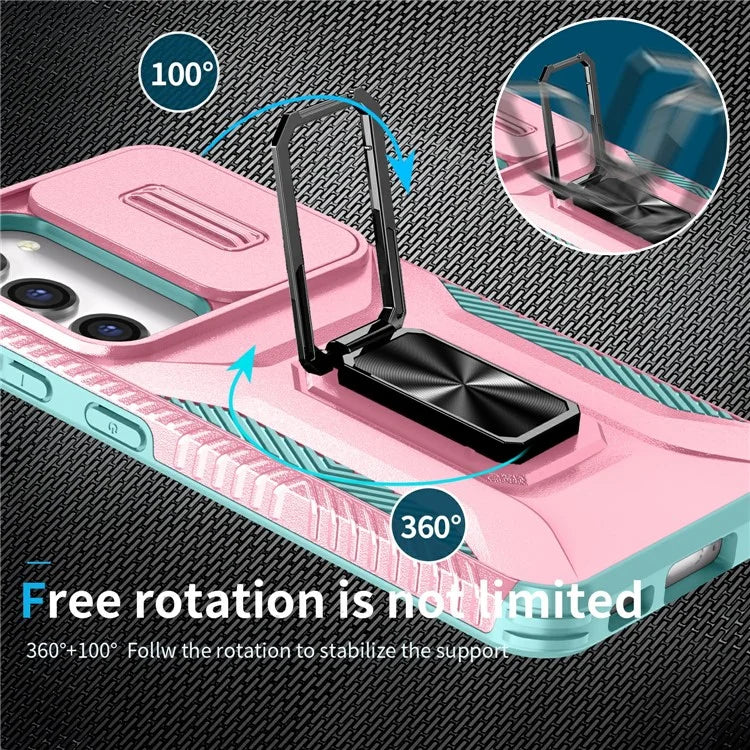 For Samsung Galaxy S23 Case Slide Lens Lid PC+TPU Phone Kickstand Cover