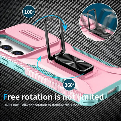 For Samsung Galaxy S23 Case Slide Lens Lid PC+TPU Phone Kickstand Cover