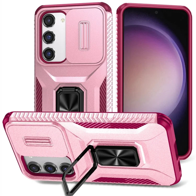 For Samsung Galaxy S23 Case Slide Lens Lid PC+TPU Phone Kickstand Cover