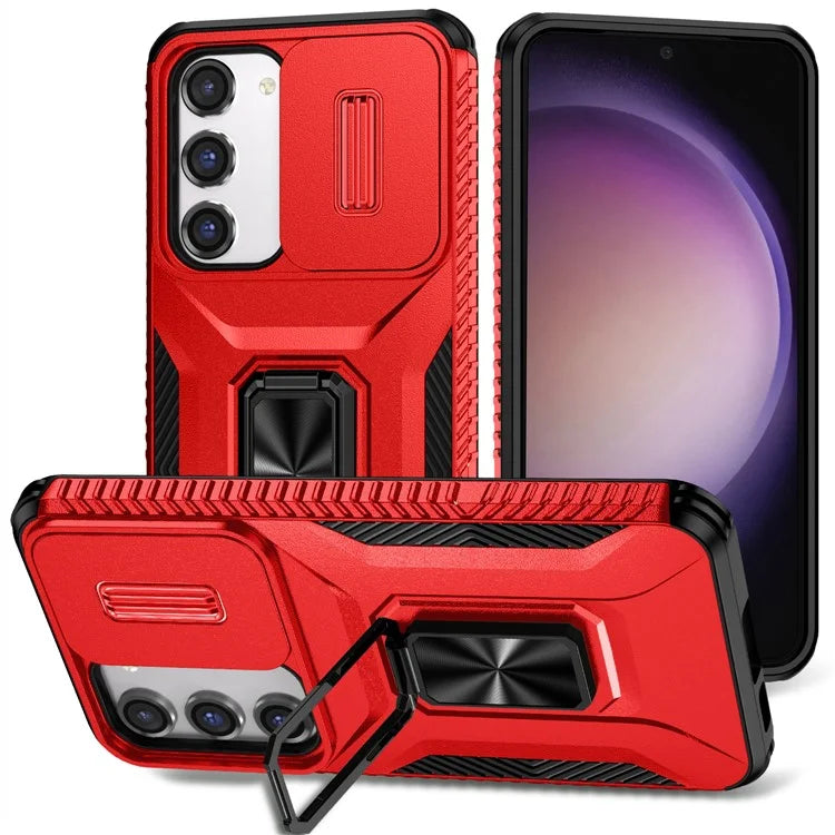 For Samsung Galaxy S23 Case Slide Lens Lid PC+TPU Phone Kickstand Cover