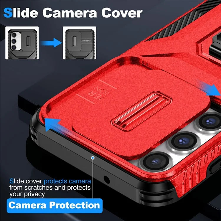 For Samsung Galaxy S23 Case Slide Lens Lid PC+TPU Phone Kickstand Cover