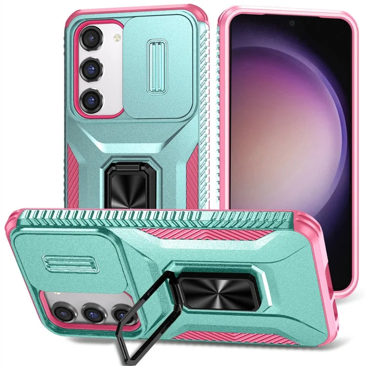 For Samsung Galaxy S23 Case Slide Lens Lid PC+TPU Phone Kickstand Cover