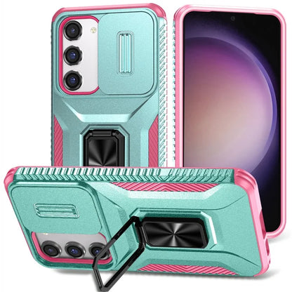 For Samsung Galaxy S23 Case Slide Lens Lid PC+TPU Phone Kickstand Cover