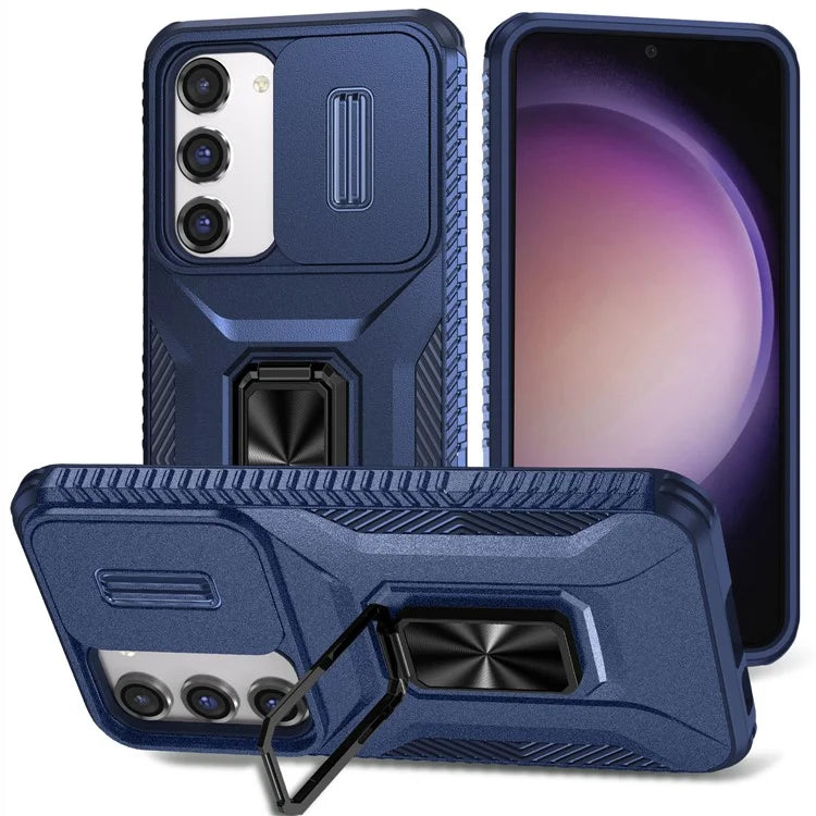 For Samsung Galaxy S23 Case Slide Lens Lid PC+TPU Phone Kickstand Cover