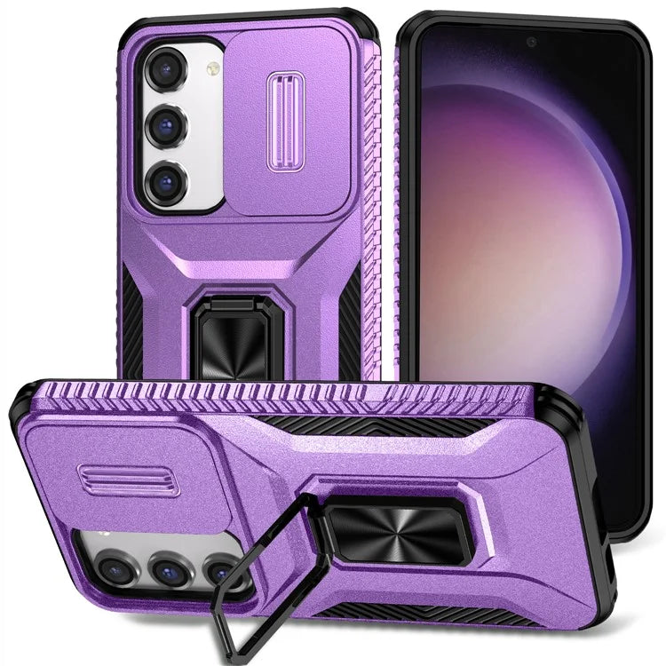 For Samsung Galaxy S23 Case Slide Lens Lid PC+TPU Phone Kickstand Cover