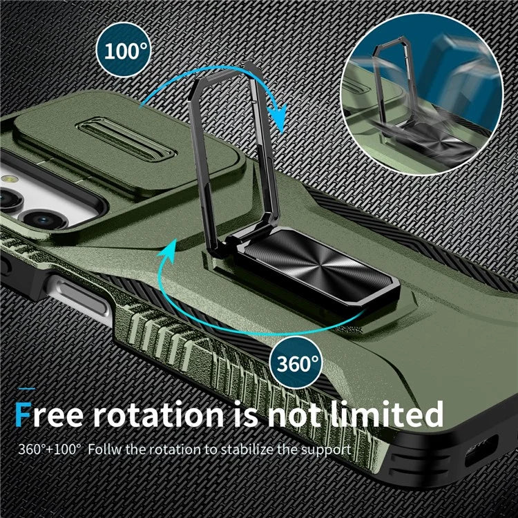 For Samsung Galaxy A14 4G / 5G Case Slide Lens Lid PC+TPU Phone Cover Kickstand Anti-drop Shell