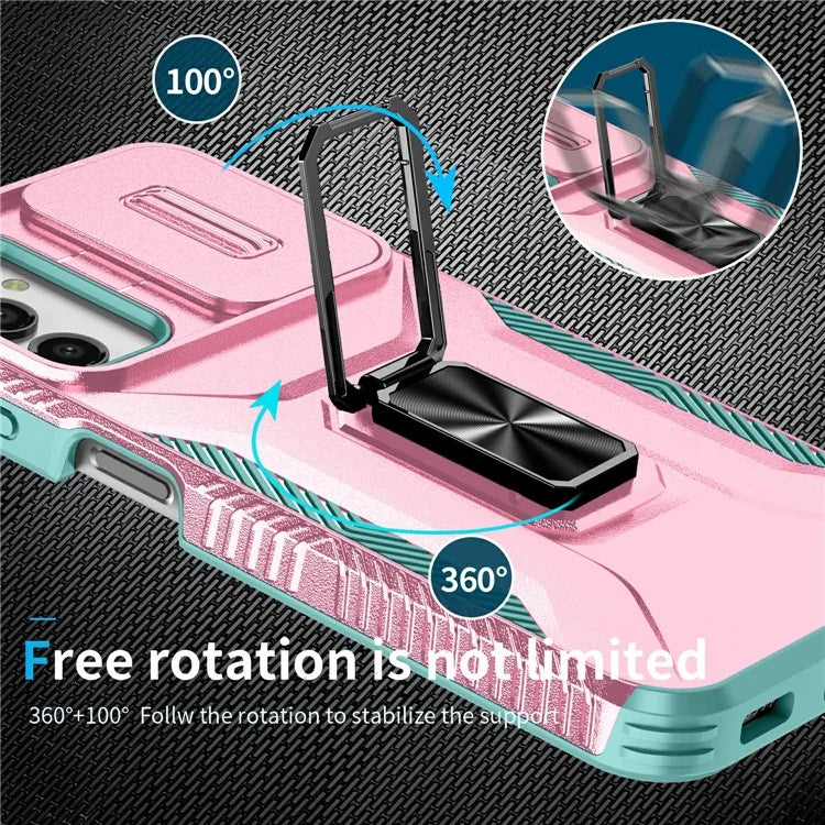 For Samsung Galaxy A14 4G / 5G Case Slide Lens Lid PC+TPU Phone Cover Kickstand Anti-drop Shell