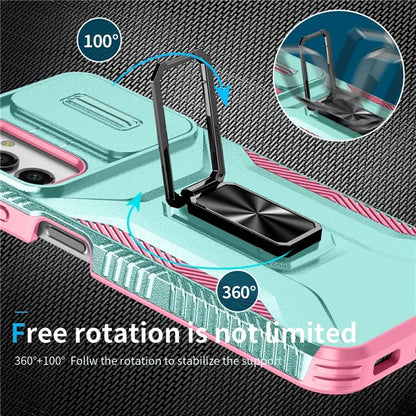 For Samsung Galaxy A14 4G / 5G Case Slide Lens Lid PC+TPU Phone Cover Kickstand Anti-drop Shell