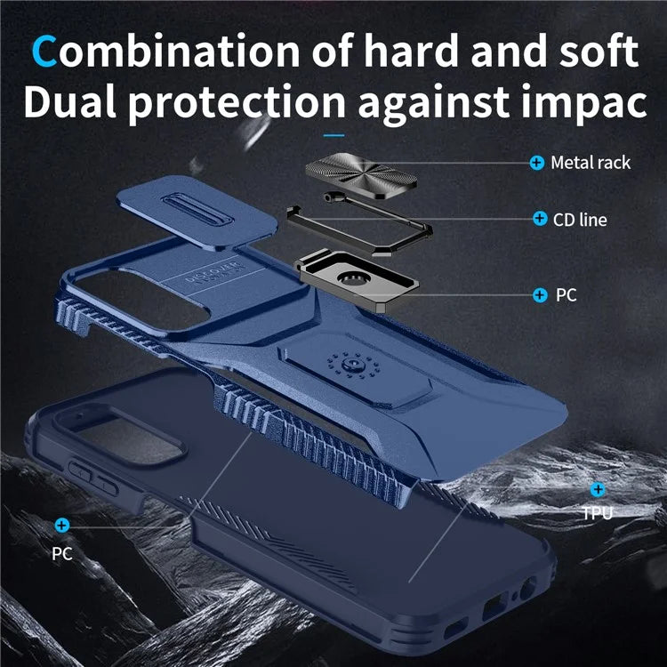 For Samsung Galaxy A14 4G / 5G Case Slide Lens Lid PC+TPU Phone Cover Kickstand Anti-drop Shell
