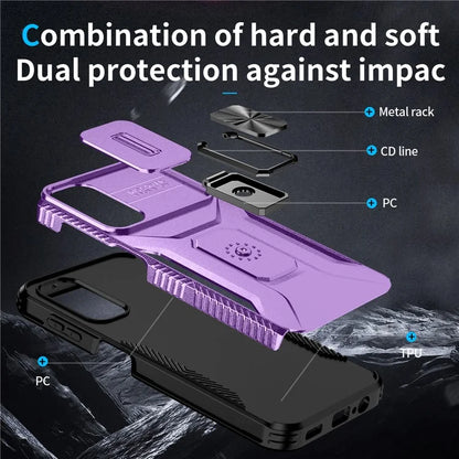 For Samsung Galaxy A14 4G / 5G Case Slide Lens Lid PC+TPU Phone Cover Kickstand Anti-drop Shell