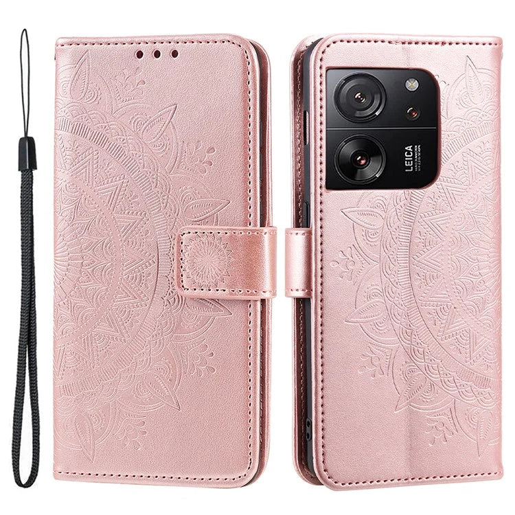 For Xiaomi 13T Pro / 13T / Redmi K60 Ultra Case Mandala Flower Imprinted Leather Cover with Strap Gold