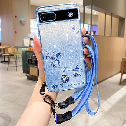 KADEM For Google Pixel 6a Case Rhinestone Decor Glitter Phone TPU Cover with Strap