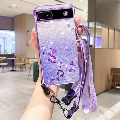 KADEM For Google Pixel 6a Case Rhinestone Decor Glitter Phone TPU Cover with Strap