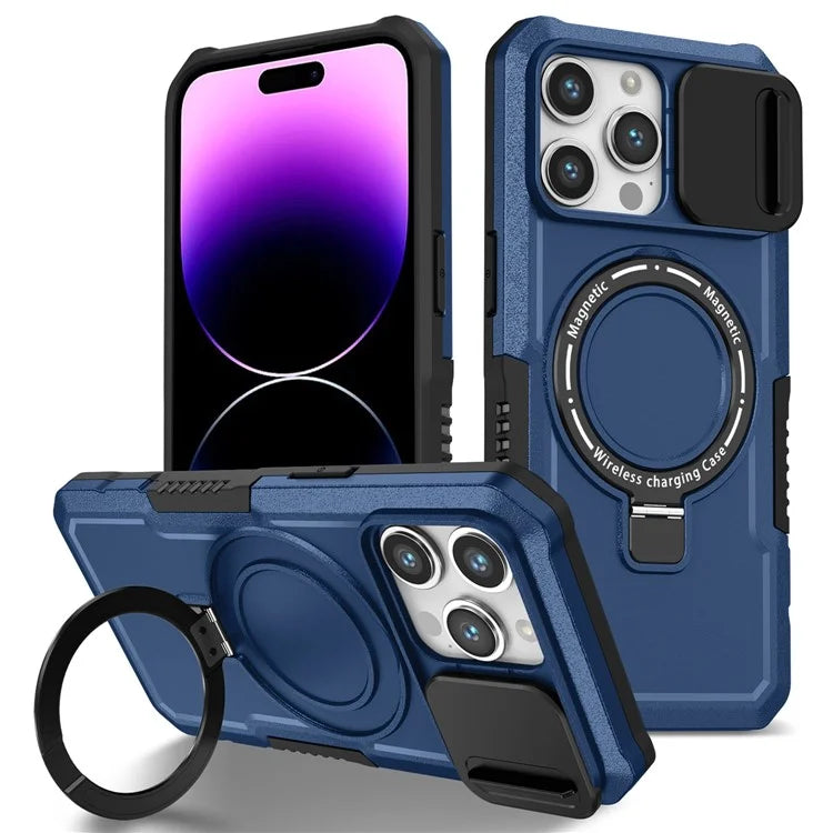 For iPhone 14 Pro Case Kickstand Magnetic Phone Cover with Sliding Lens Lid