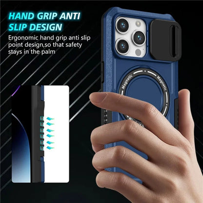 For iPhone 14 Pro Case Kickstand Magnetic Phone Cover with Sliding Lens Lid