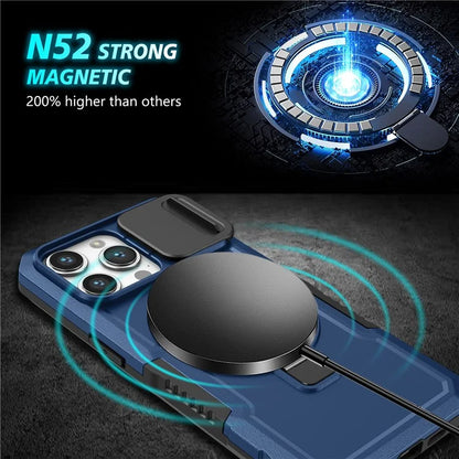 For iPhone 14 Pro Case Kickstand Magnetic Phone Cover with Sliding Lens Lid