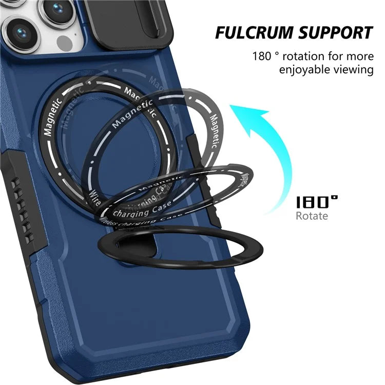 For iPhone 14 Pro Case Kickstand Magnetic Phone Cover with Sliding Lens Lid