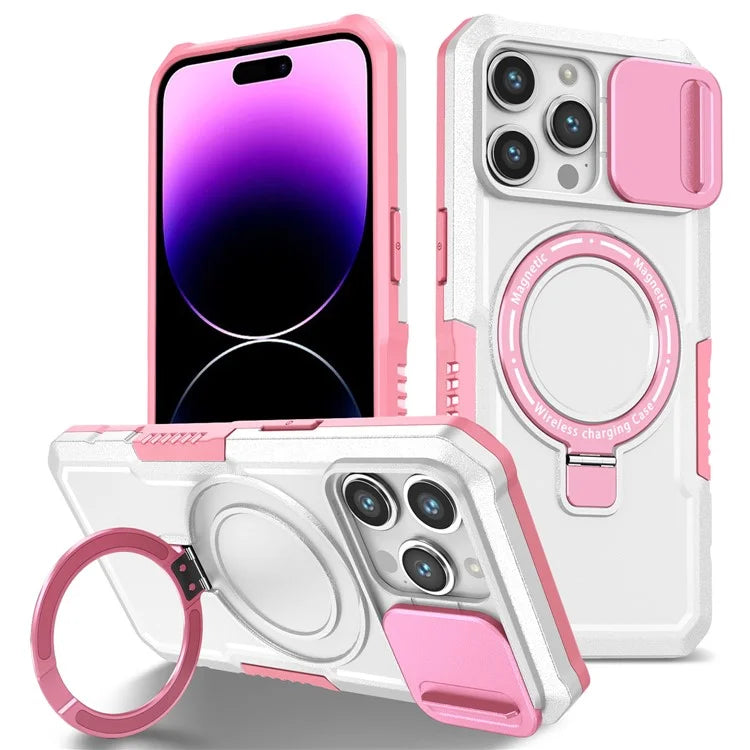 For iPhone 14 Pro Case Kickstand Magnetic Phone Cover with Sliding Lens Lid