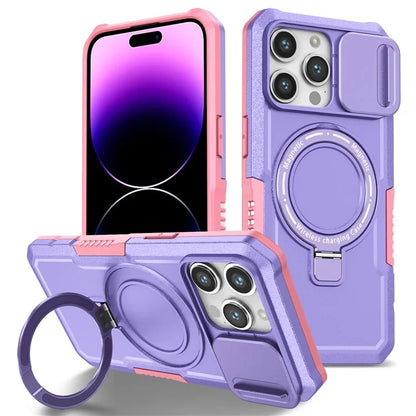 For iPhone 14 Pro Case Kickstand Magnetic Phone Cover with Sliding Lens Lid