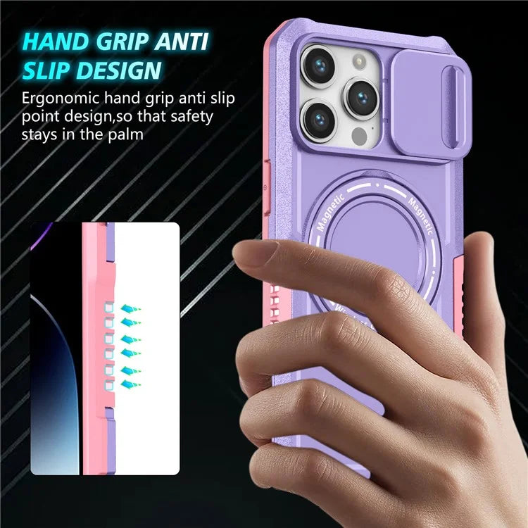 For iPhone 14 Pro Case Kickstand Magnetic Phone Cover with Sliding Lens Lid