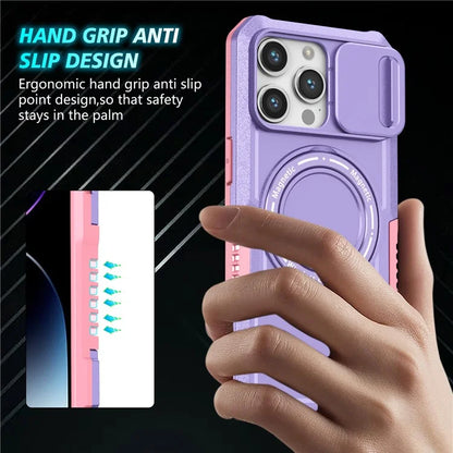 For iPhone 14 Pro Case Kickstand Magnetic Phone Cover with Sliding Lens Lid