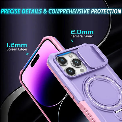For iPhone 14 Pro Case Kickstand Magnetic Phone Cover with Sliding Lens Lid