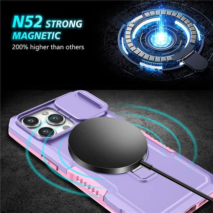 For iPhone 14 Pro Case Kickstand Magnetic Phone Cover with Sliding Lens Lid