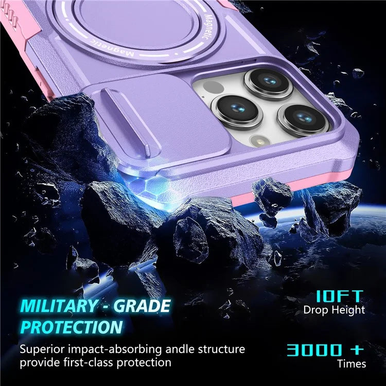 For iPhone 14 Pro Case Kickstand Magnetic Phone Cover with Sliding Lens Lid