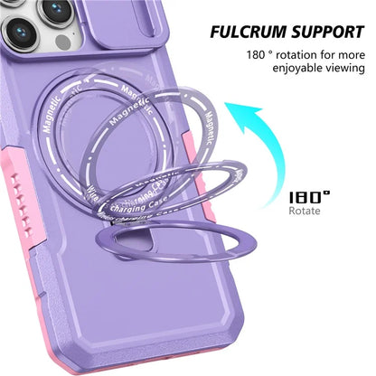 For iPhone 14 Pro Case Kickstand Magnetic Phone Cover with Sliding Lens Lid